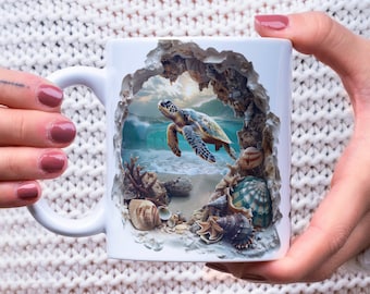 3D Hole in a Wall Sea Turtle Mug Wrap, 3D Sea Turtle and Seashells 11oz & 15oz Mug Sublimation Design, Sandy Beach Sea Turtle Mug Wrap PNG