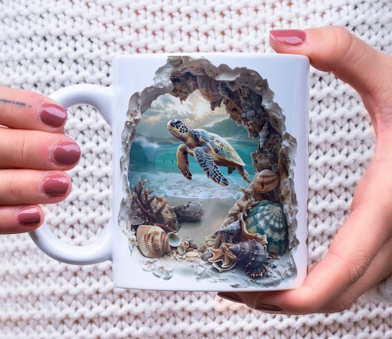 3D Hole in a Wall Sea Turtle Mug Wrap, 3D Sea Turtle and Seashells 11oz & 15oz Mug Sublimation Design, Sandy Beach Sea Turtle Mug Wrap PNG