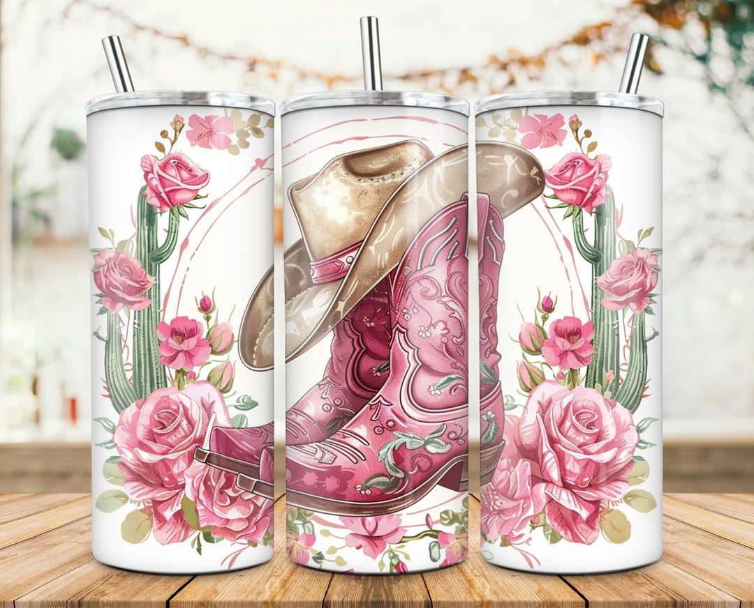 Pink Cowgirl Boots & Hat Tumbler Wrap, Floral Cowgirl Boots 20oz Skinny ...