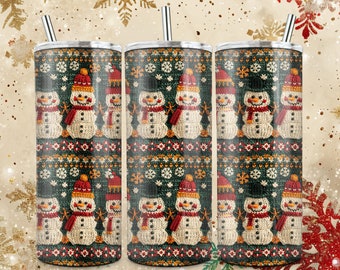 Ugly Sweater Tumbler Wrap, Cute Christmas 20oz Skinny Tumbler Sublimation Design, Knitted Snowman Pattern Tumbler Wrap Christmas Tumbler PNG