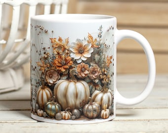 Glitter Pumpkins Mug Wrap, Floral Pumpkins 11oz & 15oz Mug Sublimation Design, Digital Download Sparkly Fall Flowers Pumpkins Mug Wrap PNG