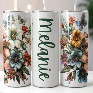 Add Your Own Text Floral Tumbler Wrap, Customise 3D Flowers & Butterflies 20oz Skinny Tumbler Sublimation Design, Add Name Tumbler Wrap PNG