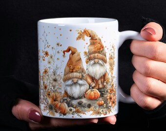 Autumn Gnomes Mug Wrap, Gnomes and Flowers Mug Sublimation Design, Fall Gnomes and Pumpkins Mug Wrap PNG, Floral Gnomes 11oz & 15oz Mug Wrap