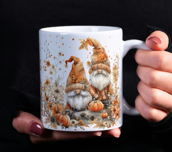 Autumn Gnomes Mug Wrap, Gnomes and Flowers Mug Sublimation Design, Fall Gnomes and Pumpkins Mug Wrap PNG, Floral Gnomes 11oz & 15oz Mug Wrap