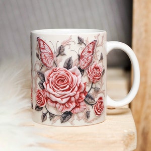 3D Muttertagsbecher Wrap, Rosen und Schmetterlinge 11 Unzen und 15 Unzen Becher Sublimationsdesign, 3D rote Rosen Blumenbecher Wrap, Sofortiger Download Becher PNG
