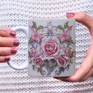 3D Rosen und Schmetterlinge Mug Wrap, Muttertag 11 Unzen und 15 Unzen Becher Sublimation Design, 3D rosa Rosen Blumenbecher Wrap Sofortiger Download Becher PNG