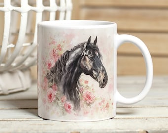 Horse with Pink Roses Mug Wrap, Watercolour Black Horse 11oz & 15oz Mug Sublimation Design, Watercolour Floral Farm Animal Mug Wrap PNG