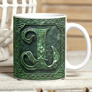 Efecto de cuero 3D Alfabeto L Mug Wrap, Letra L Mug Wrap PNG, Monograma 3D 11oz y 15oz Diseño de sublimación de taza, Monograma celta L PNG para hombre