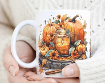Fall Vibes Mug Wrap, Pumpkins Spice Candle Mug Wrap, Fall Pumpkins 11oz & 15oz Mug Sublimation Design, Autumn Pumpkins and Spices Mug Wrap