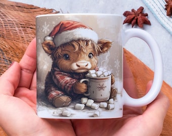 Coffee Lover&#39;s Christmas Mug Wrap, Baby Highland Cow 11oz & 15oz Mug Sublimation Design, Santa Cow Marshmallows Hot Chocolate Mug Wrap PNG