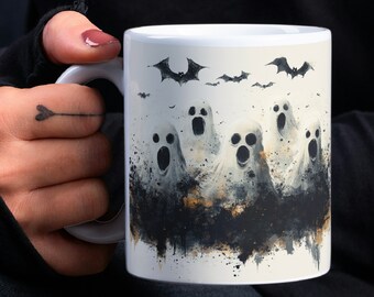Involucro per tazze con fantasmi e pipistrelli, design per sublimazione di tazze in bianco e nero di Halloween spettrale da 11 once e 15 once, download digitale Design per avvolgere tazze di fantasmi PNG