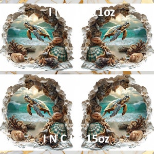 K&ouml;nnte beinhalten: Vier Bilder einer Meeresschildkr&ouml;te, die durch ein Loch in einer Felsformation schwimmt. Die Schildkr&ouml;te ist von Muscheln und Korallen umgeben. Die Bilder sind mit dem Text "11oz" und "15oz" beschriftet.