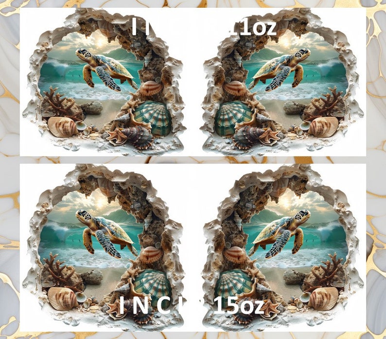 K&ouml;nnte beinhalten: Vier Bilder einer Meeresschildkr&ouml;te, die durch ein Loch in einer Felsformation schwimmt. Die Schildkr&ouml;te ist von Muscheln und Korallen umgeben. Die Bilder sind mit dem Text "11oz" und "15oz" beschriftet.