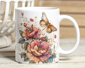 Dragonfly Mug Wrap PNG, 11oz & 15oz Golden Dragonfly and Flowers Mug Sublimation Design, Instant Download Floral Butterflies Mug Wrap