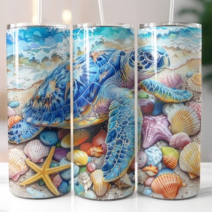 Sea Turtle Tumbler Wrap, Seashells & Turtle 20oz Skinny Tumbler Sublimation Design, Ocean Waves Turtle Beach Summer Skinny Tumbler Wrap PNG