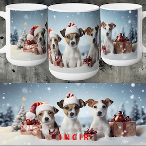 Jack Russell Dog Mug Wrap Design, Christmas Dog Puppy Animal Mug Sublimation PNG Image, Jack Russell Puppy with Santa Hat 11oz and 15oz Mug