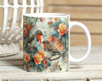 Birds and Flowers Mug Sublimation Design, Floral Robin 11oz and 15oz Mug Wrap, Digital Download Pastel Spring Birds on a Tree Mug Wrap PNG