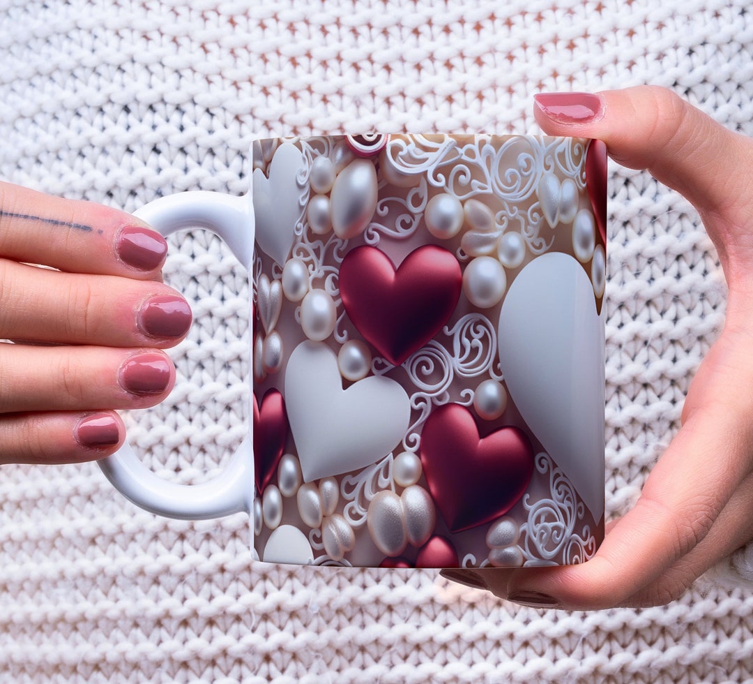 3D Valentine Love Hearts Mug Wrap, White and Red Hearts Pearls