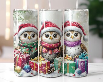 Cute Baby Owls Tumbler Wrap Christmas Owls 20oz Skinny Tumbler Sublimation Design, Sparkly Christmas Birds with Santa Hats Tumbler Wrap PNG