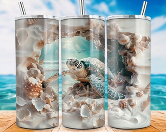 3D Hole in a Wall Sea Turtle Tumbler Wrap, Seashells & Turtle 20oz Skinny Tumbler Sublimation Design, 3D Beach Turtle Tumbler Wrap PNG