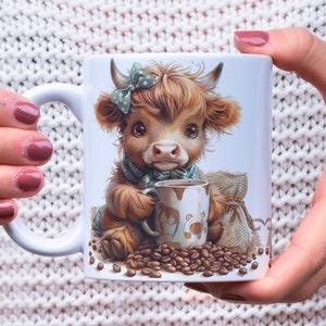 Envoltura de taza para amantes del café, Diseño de sublimación de taza Baby Highland Cow de 11 oz y 15 oz, Modo de café de descarga instantánea, Envoltura de taza de granos de café PNG