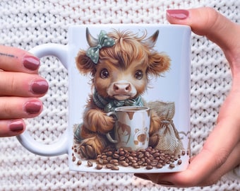 Coffee Lover&#39;s Mug Wrap, Baby Highland Cow 11oz & 15oz Mug Sublimation Design, Instant Download Coffee Mode, Coffee Beans Mug Wrap PNG