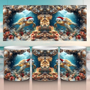 May include: Three white ceramic mugs with a Christmas-themed design. Each mug features a sea turtle wearing a Santa hat swimming through a coral reef. The mugs are perfect for hot beverages during the holiday season.