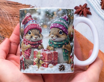 Cute Christmas Animals Mug Wrap, Festive Squirrels 11oz & 15oz Mug Sublimation Design, Sparkly Christmas Squirrels with Gifts Mug Wrap PNG