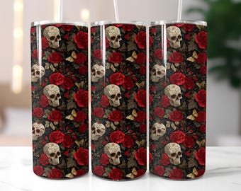 Skulls & Red Roses Tumbler Wrap PNG, Floral Skull with Butterflies 20oz Skinny Tumbler Sublimation Design, Seamless Halloween Tumbler Wrap