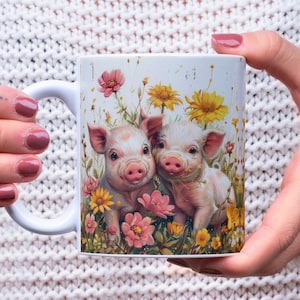 Söta grisungar muggomslag PNG, griskultingar 11oz och 15oz mugg sublimeringsdesign, bondgårdsdjur och blommor direkt nedladdning muggomslag PNG