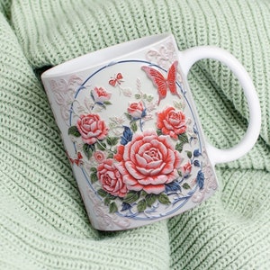 3D Muttertag Becher Wrap, 11 Unzen und 15 Unzen Rosen und Schmetterlinge Becher Sublimation Design, 3D rosa Rosen Blumenbecher Wrap Sofortiger Download Becher PNG