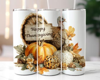 Happy Thanksgiving Tumbler Wrap, Floral Pumpkins with Turkey 20oz Skinny Tumbler Sublimation Design,Autumn VibesTumbler Wrap PNG