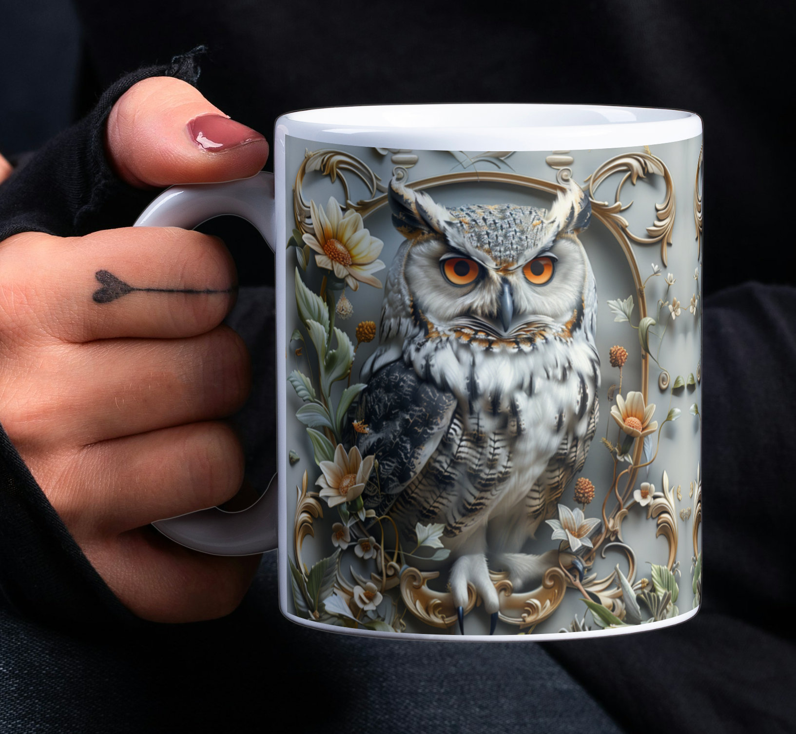 Floral Owl Mug Wrap, 3D White and Grey Owl 11oz & 15oz Mug Sublimation Design, Instant Download 
