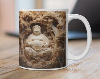 3D Meditating Happy Buddha Mug Wrap, Carved Buddha Mug Sublimation Design, 11oz And 15oz Mug Template, 3D Wood Effect Spiritual Buddha Mug