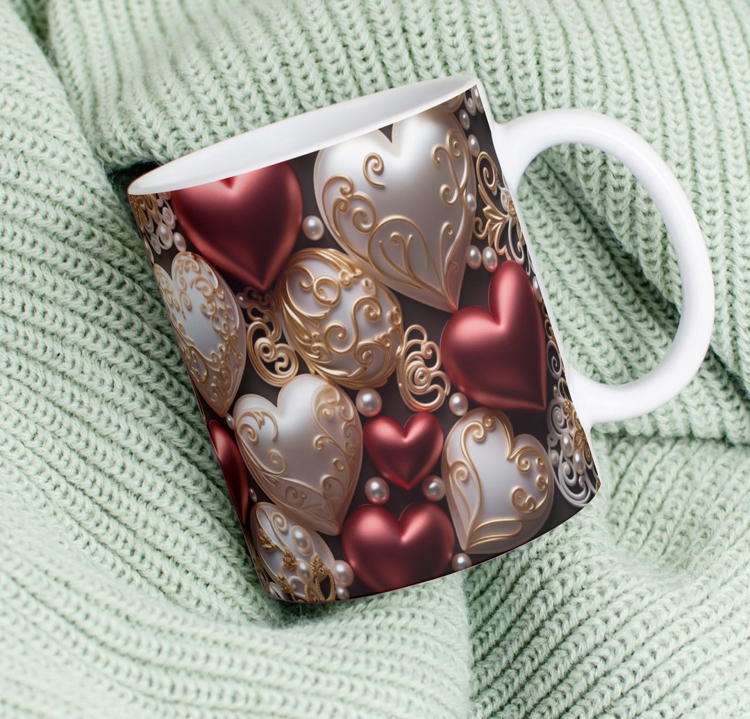 3D Valentine Love Hearts Mug Wrap, White and Red Puffy Hearts Mug Wrap