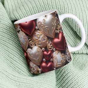 Envoltura de taza de corazones de amor de San Valentín 3D, envoltura de taza de corazones hinchados blancos y rojos Corazones y perlas Diseño de sublimación de taza de día de San Valentín de 11 oz y 15 oz
