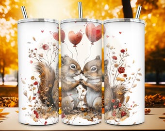 Cute Valentines Animal Tumbler Wrap, Valentines Day Squirrels 20oz Skinny Tumbler Sublimation Design, Red Hearts Balloons Tumbler Wrap PNG