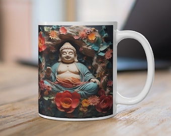 3D Meditating Buddha Mug Wrap, Buddha with Lotus Flowers Mug Sublimation Design, 11oz And 15oz Buddhist Mug Sublimation PNG Template