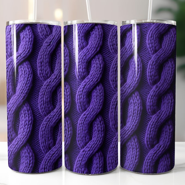 Purple Cable Knit Jumper Tumbler Wrap, Cosy Knitted Pattern 20oz Skinny Tumbler Sublimation Design, Knitted Afghan Straight Tumbler Wrap PNG