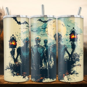 May include: A set of three stainless steel insulated tumblers with a Halloween-themed design. The design features zombie figures holding lanterns, bats, and a full moon against a spooky background. Each tumbler has a silver straw.