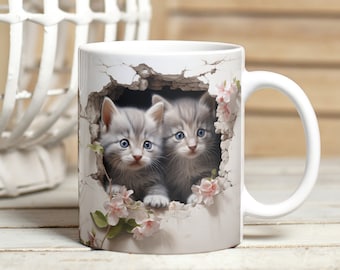 3D Kittens Hole in a Wall Mug Sublimation, Cute Grey Kittens Mug Wrap, 11oz & 15oz 3D Floral Animal Cat in a Hole Mug Sublimation Design PNG