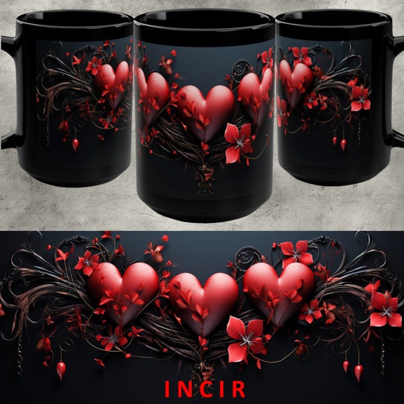 May include: Three red hearts with a black and red floral design on a black mug. The mug has the word "INCIR" printed on the bottom.