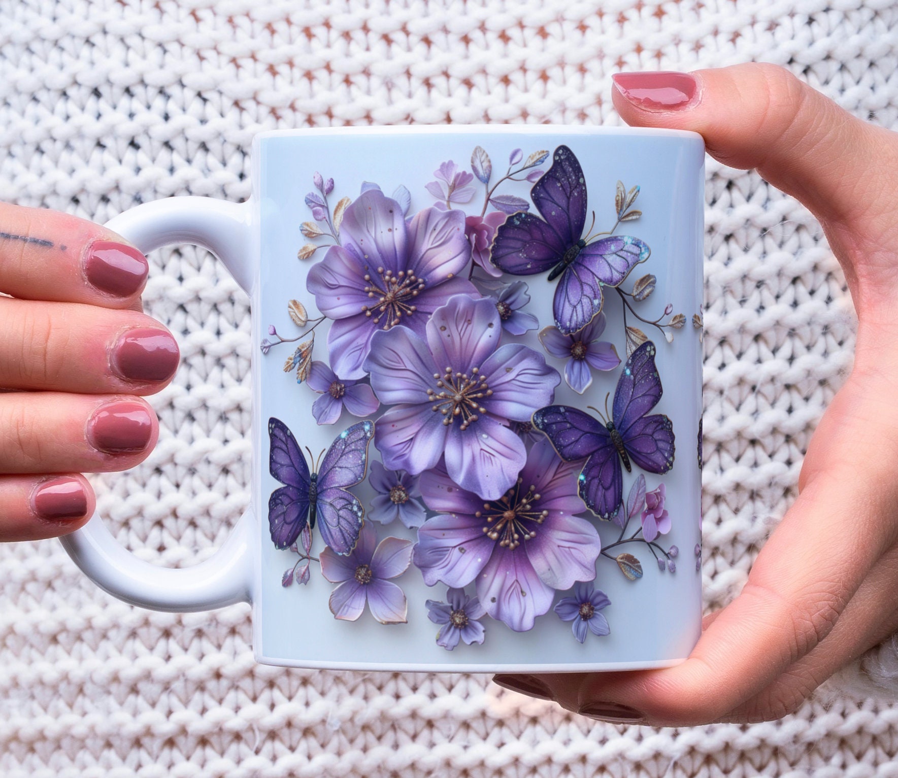 3D Purple Butterflies and Flowers Mug Wrap, 11oz & 15oz Floral Butterfly Mug Sublimation Design, Gold Glitter and Purple Butterfly Mug Wrap