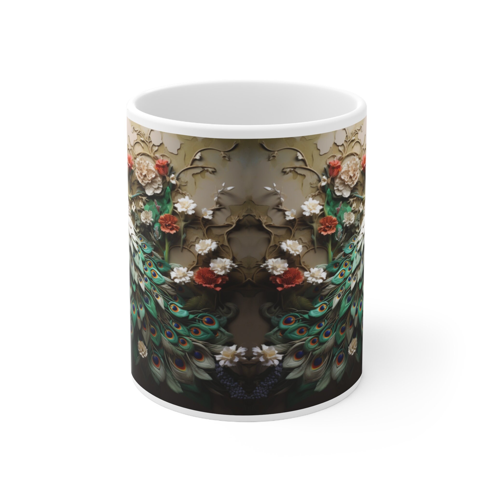 3D White Peacock With Flowers Mug Wrap, 3D Peacock Bird Mug Sublimation ...