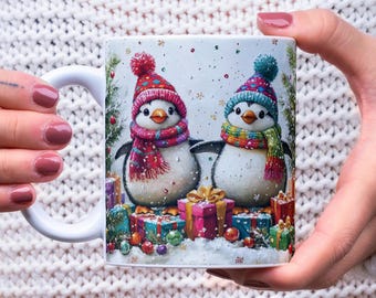 Christmas Animals Mug Wrap, Cute Penguins with Presents 11oz & 15oz Mug Sublimation Design, Cartoon Style Festive Penguins Mug Wrap PNG