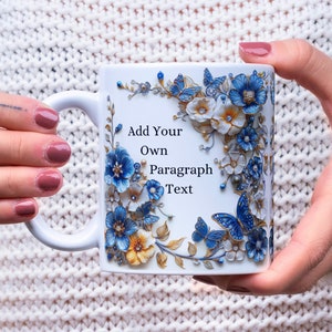 3D Agregue su texto Envoltura de taza floral, Flores azules y mariposas Diseño de sublimación de taza de 11 oz y 15 oz, Envoltura de taza del Día de la Madre de diamantes y flores