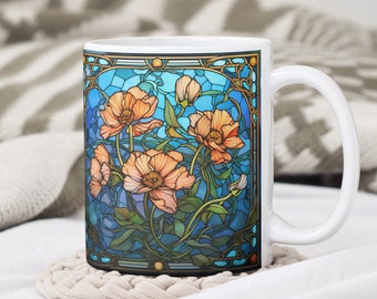 Buntglas Blumen Becher Wrap, Lebendige Blumen Becher Sublimation Design, 11 Unzen und 15 Unzen Buntglas Becher Wrap Sofort Download PNG Vorlage
