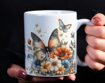 Envoltura de taza de mariposas y flores PNG, diseño de sublimación de taza de mariposa floral de 11 oz y 15 oz, envoltura de taza de mariposa dorada y azul de descarga instantánea