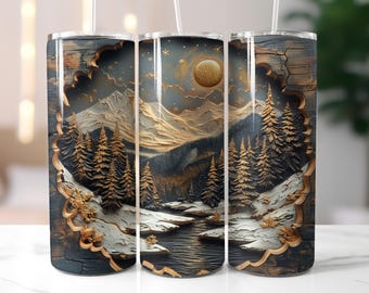 3D Hole in a Wall Winter Landscape Tumbler Wrap, Carved Wood Landscape 20oz Skinny Tumbler Sublimation Design, 3D Christmas Tumbler Wrap PNG