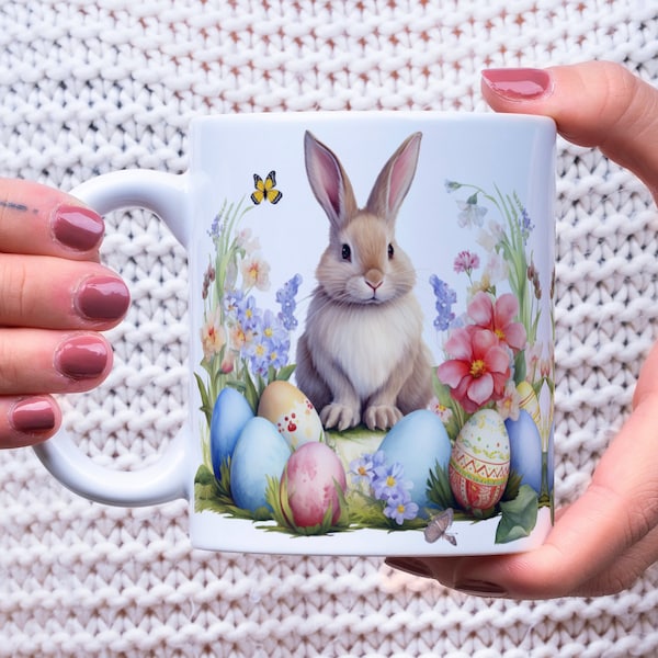 Watercolor Easter Mug Wrap, 11oz & 15oz Bunny Rabbit with Easter Eggs Mug Sublimation Design, Instant Download Floral Easter Eggs Mug Wrap